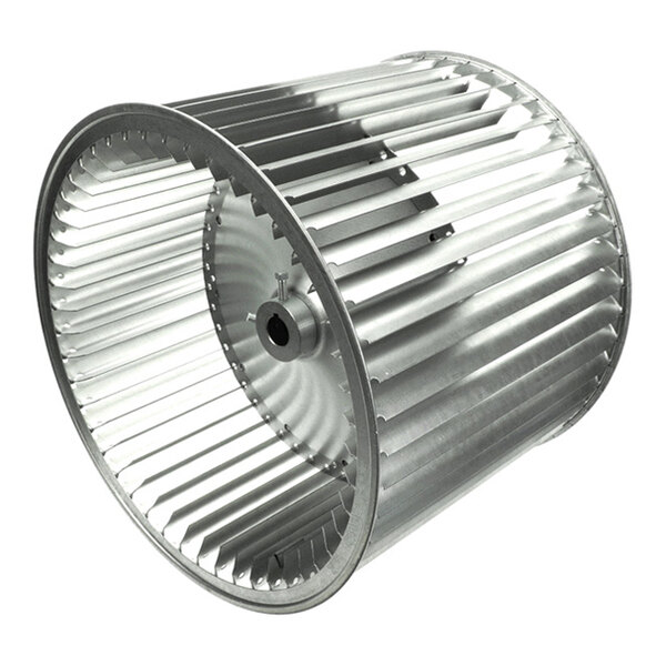A metallic cylindrical blower wheel with evenly spaced blades and a central hub.