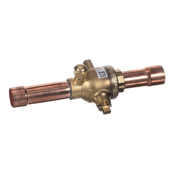 A brass and copper valve assembly with two pipe connections and adjustment fittings, shown against a white background.