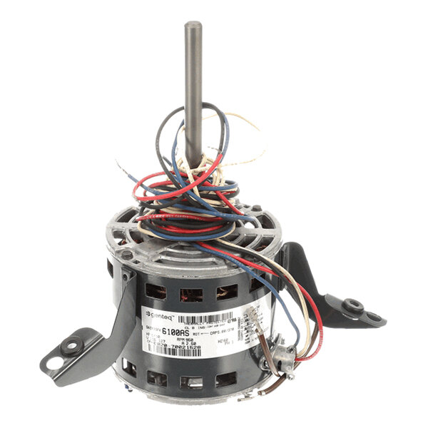 A cylindrical electric motor with a central shaft, multiple colored wires, and mounting brackets visible.