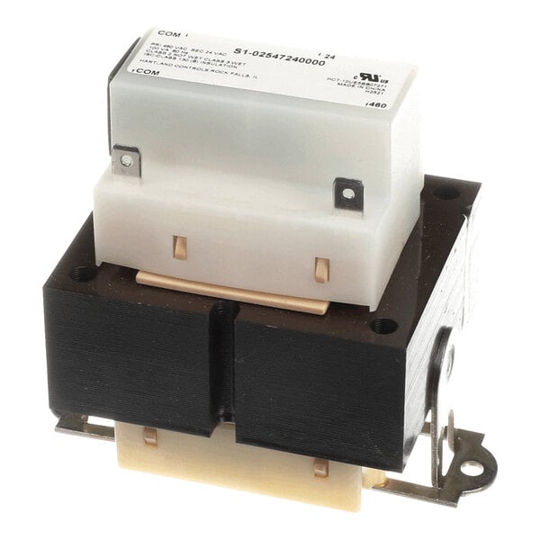 A rectangular electrical transformer with a white plastic top housing, black coil section, and metal mounting bracket.