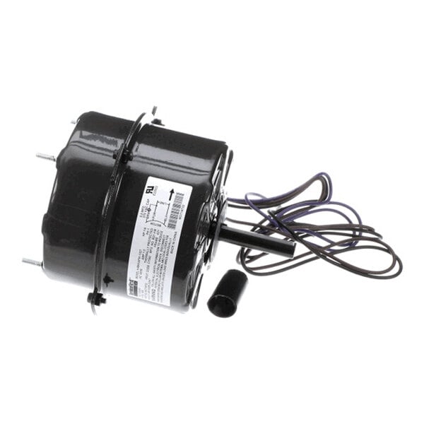 A black cylindrical electric motor with attached wires and a label, shown on a white background.