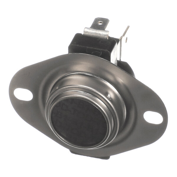 A metallic component with a round central button and two mounting holes, featuring electrical terminals on the back.