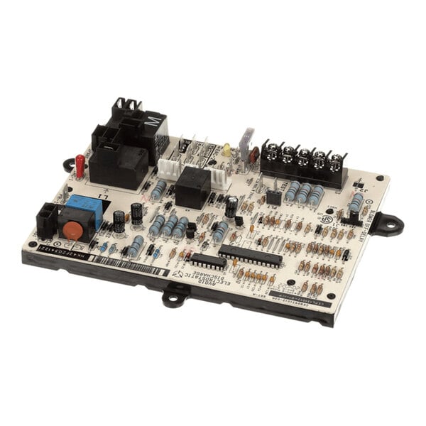 A rectangular electronic circuit board with various components such as resistors, capacitors, relays, and connectors mounted on its surface.