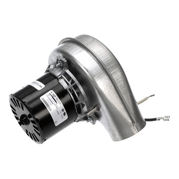 A metal and black cylindrical motor assembly with attached wiring and a curved metal housing.