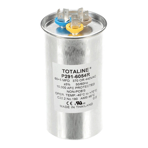 A cylindrical metal component with three colored terminal connectors on top and a white label displaying technical specifications.