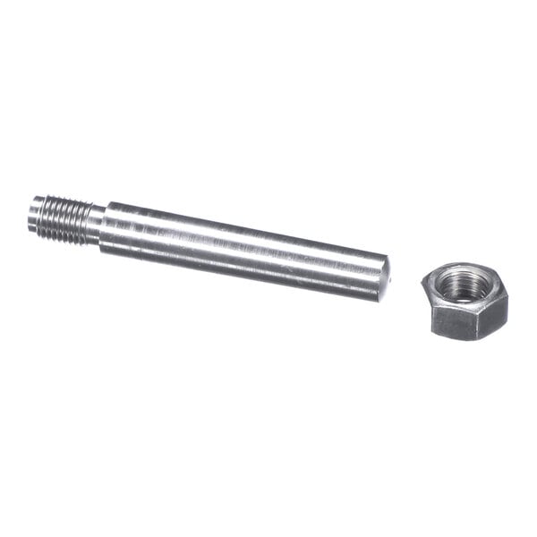 A metal pin with a threaded end and a matching hexagonal nut placed beside it.