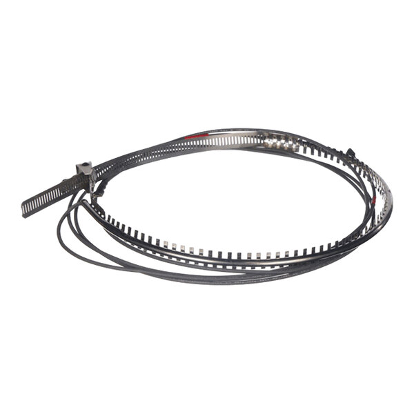 A coiled black belt with evenly spaced metal clips or teeth along its length, likely used for mechanical or heating applications.