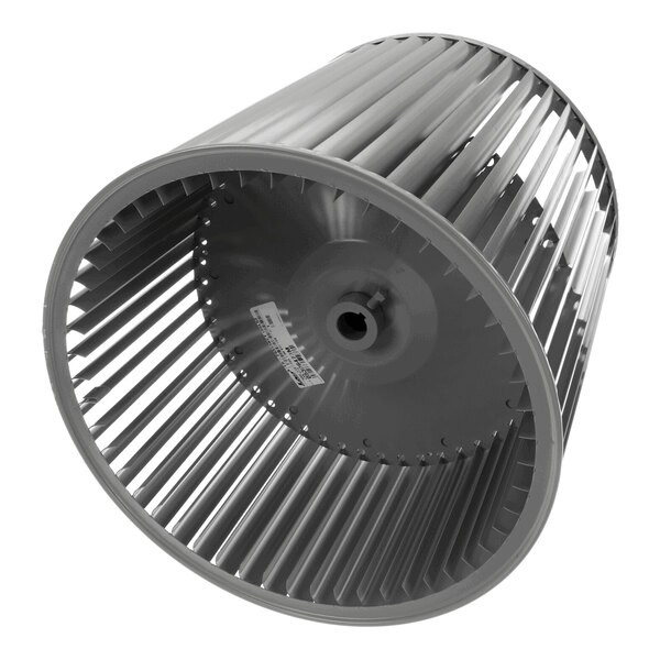 A large cylindrical metal blower wheel with evenly spaced blades and a central mounting hole.
