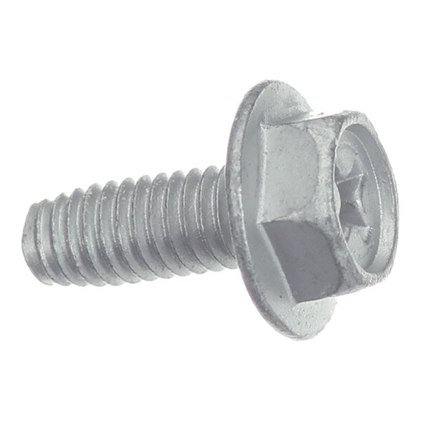 A close-up view of a metallic screw with a hexagonal head and a built-in washer.