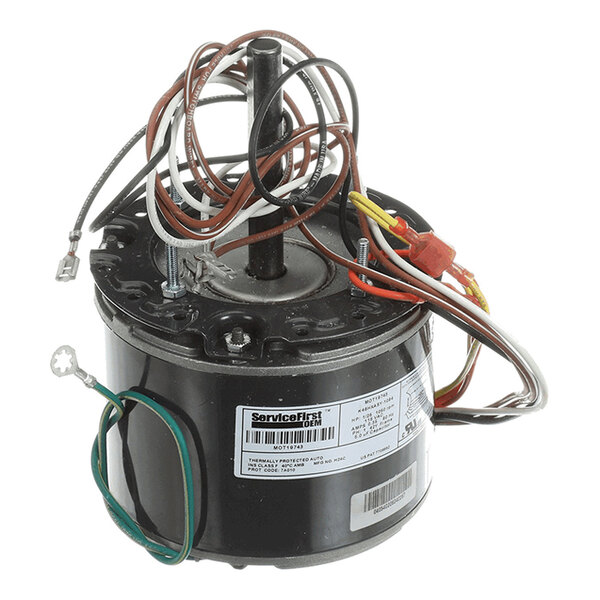 A cylindrical electric motor with multiple colored wires extending from the top and a label on the side.