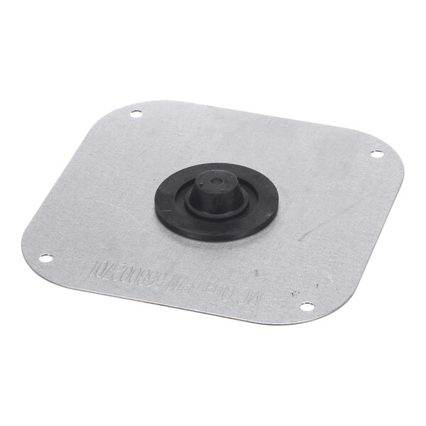 A rectangular metal plate with rounded corners, four corner holes, and a central black circular component.