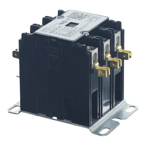 A black and metallic three-pole electrical contactor with multiple brass terminals and a labeled top plate.