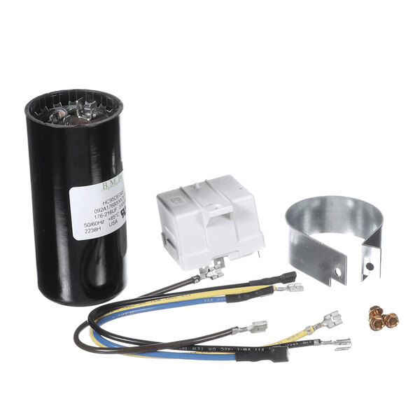 A set of electrical components including a cylindrical capacitor, a white relay, a metal mounting bracket, several wires with connectors, and a few screws, all arranged on a white background.