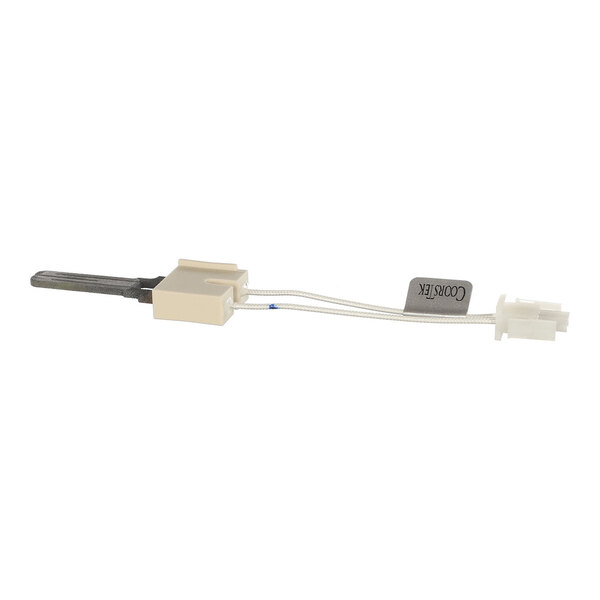 A small electronic component with a ceramic base, two white wires, and a metal prong, likely used as an ignitor.
