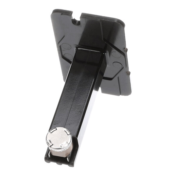 A black plastic component with a rectangular base and a protruding arm, featuring a metallic cylindrical element at the end.