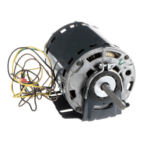 A cylindrical electric motor with a metal housing, exposed wiring, and a protruding shaft.