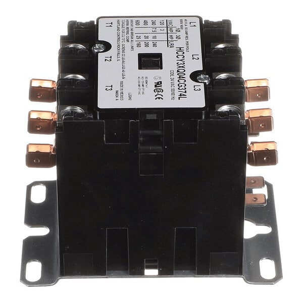 A black electrical contactor with multiple copper terminals and a labeled top plate displaying specifications.