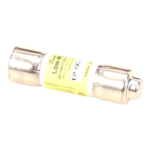 A cylindrical fuse with metallic end caps and a yellow label wrapped around the center.