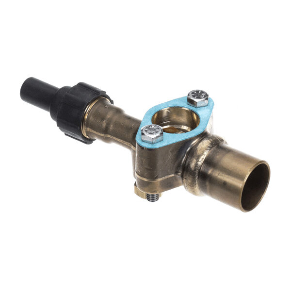 A metallic valve component with a cylindrical body, a black plastic cap on one end, and two screws securing a blue gasket on a flange.