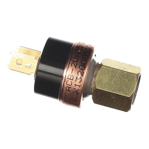 A small cylindrical component with a brass hexagonal fitting on one end and two flat metal electrical terminals on the other end.