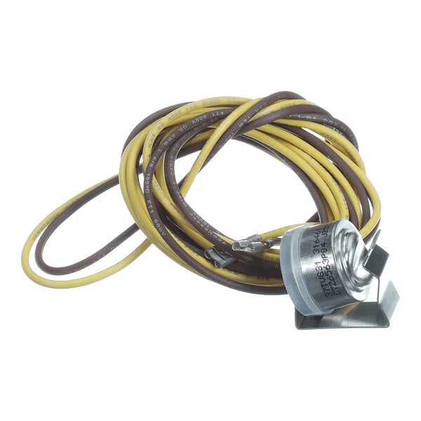 A coiled bundle of yellow and brown electrical wires attached to a small metal component with a mounting bracket.