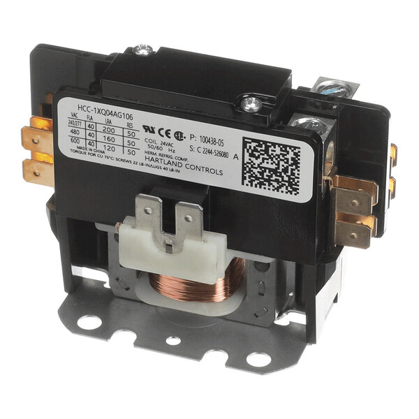 A black and metallic electrical contactor with a visible copper coil, multiple terminals, and a label displaying technical specifications.