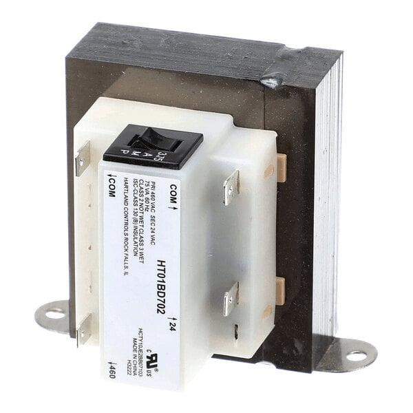 A rectangular electrical transformer with a metal core and multiple terminal connectors, featuring a white plastic housing with printed specifications.