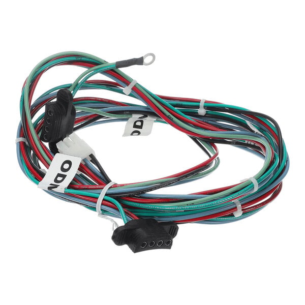 A coiled bundle of multicolored electrical wires with connectors and labeled tags attached.