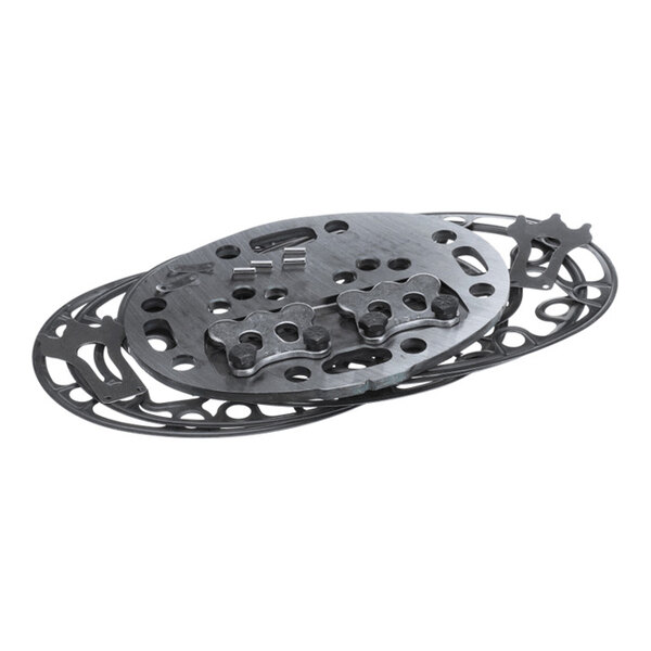 A stack of intricately shaped metal plates with multiple holes and cutouts, arranged on a white background.