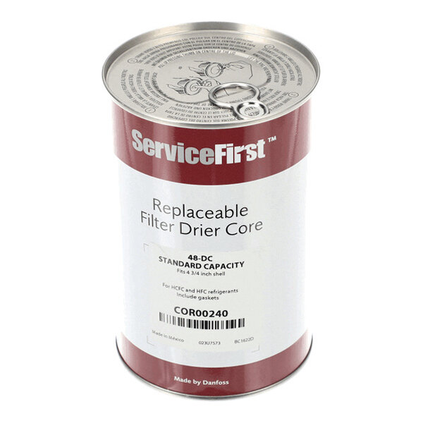 A cylindrical metal can labeled 'ServiceFirst Replaceable Filter Drier Core' with a pull-tab lid and product information printed on the front.