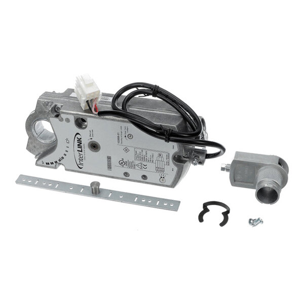A metallic motor actuator assembly with attached wiring, a mounting bracket, a connector, a clamp, and small hardware pieces displayed on a white background.