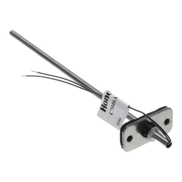 A metal rod-like sensor with a mounting plate and attached wires, labeled with a tag.