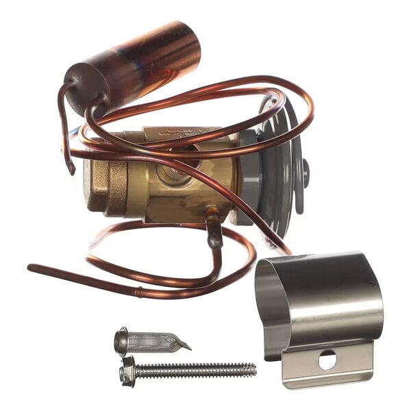 A brass and copper valve assembly with coiled tubing, a cylindrical component, a metal mounting bracket, a screw, and a small mesh filter.