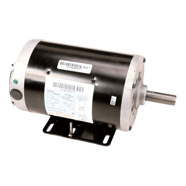 A cylindrical electric motor with a black body, silver end caps, a protruding shaft, and attached mounting base, featuring several labels and barcodes.