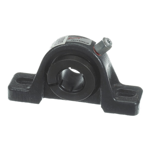 A black metal pillow block bearing with a central circular opening and two mounting holes on either side.