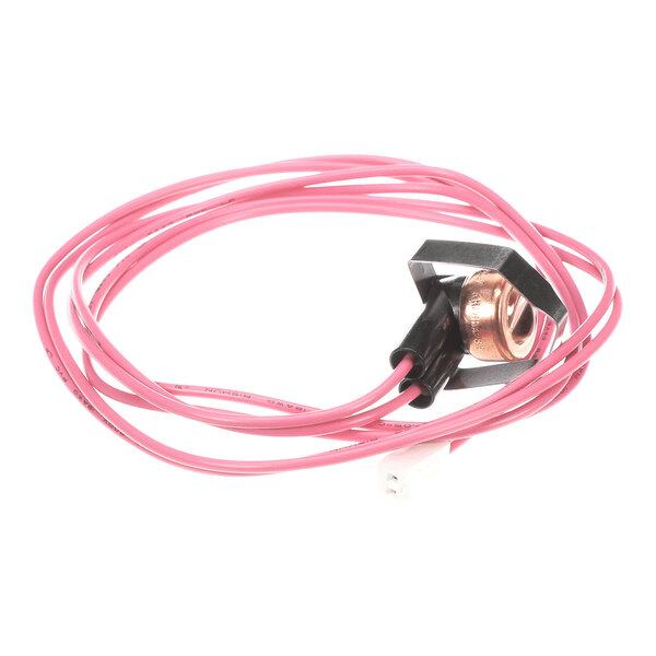 A coiled pink wire with a small metal and plastic component attached at one end.