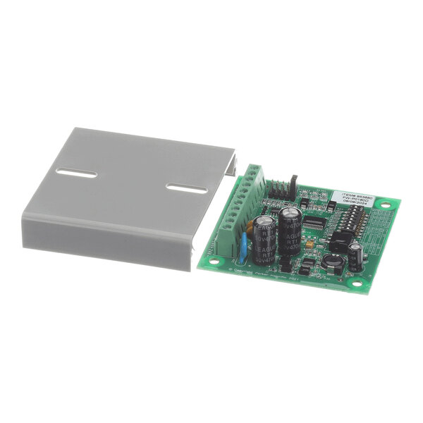 An electronic circuit board with various components next to a detached gray metal cover.