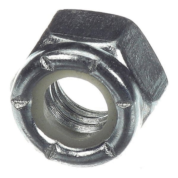 A close-up view of a metallic hexagonal lock nut with internal threading and a nylon insert.