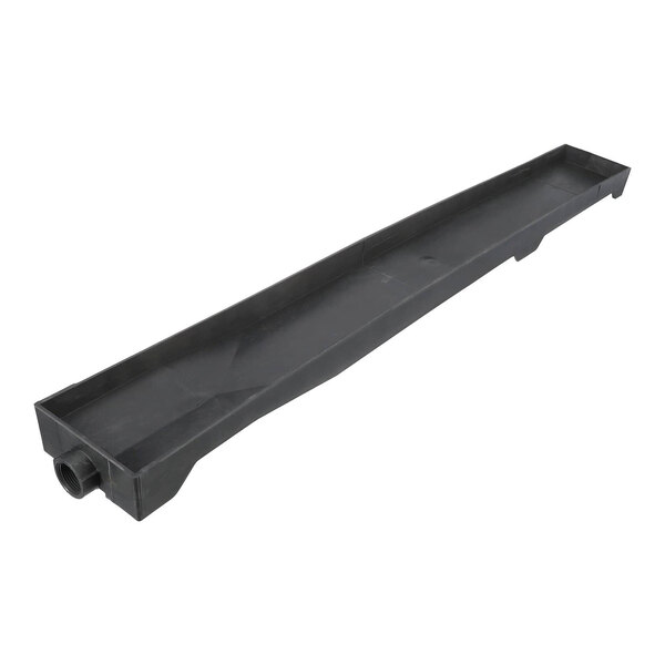A long, rectangular black plastic tray with raised edges and a threaded drain outlet on one end.