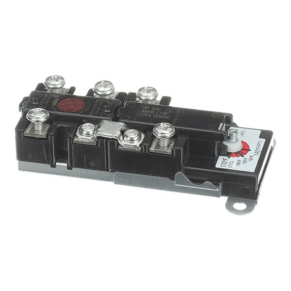 A black and silver electrical component with multiple screw terminals and a temperature adjustment dial on one end.