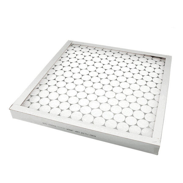 A square, white-framed filter with a grid of circular openings filled with a white filtering material.