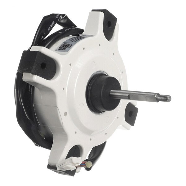 A white and black electric motor with a central shaft, four mounting arms, and attached wiring.