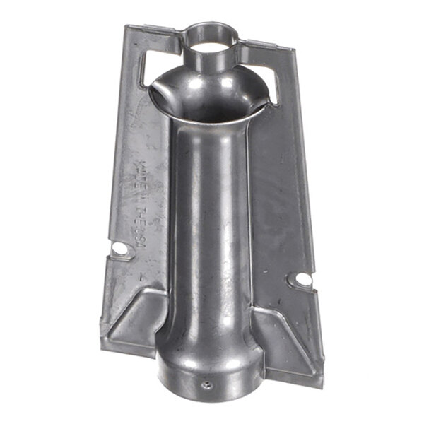 A metallic, tubular component with a flared top and mounting base, likely part of a mechanical or heating system.