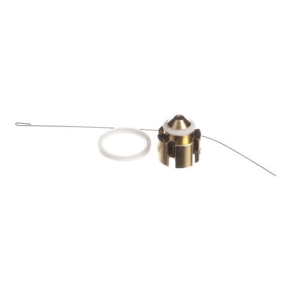 A small brass component with a conical top, a thin metal wire, and a white circular ring, all placed on a white background.