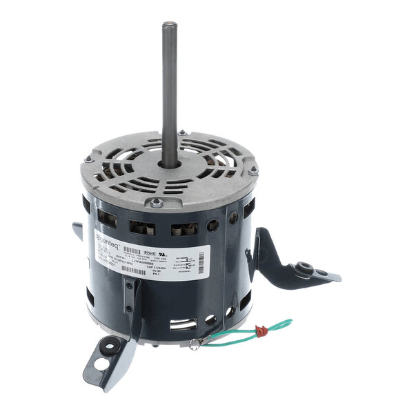 A cylindrical electric motor with a central shaft, metal housing, ventilation slots, and three mounting brackets.