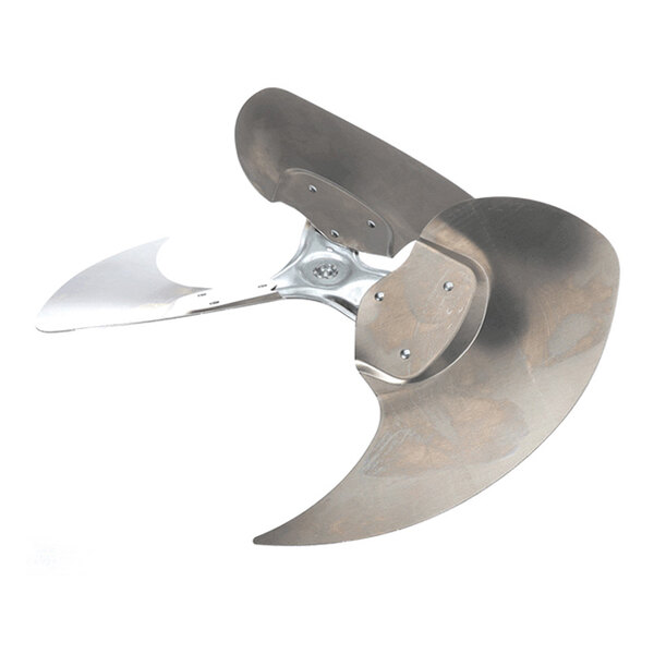 A three-blade metallic propeller fan with a central mounting hub and curved blades.