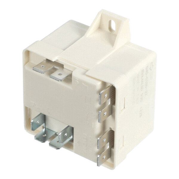 A beige rectangular electrical relay with multiple metal prongs and a mounting tab on top.