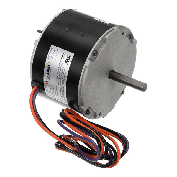 A cylindrical electric motor with a metal shaft and several colored wires extending from one end.