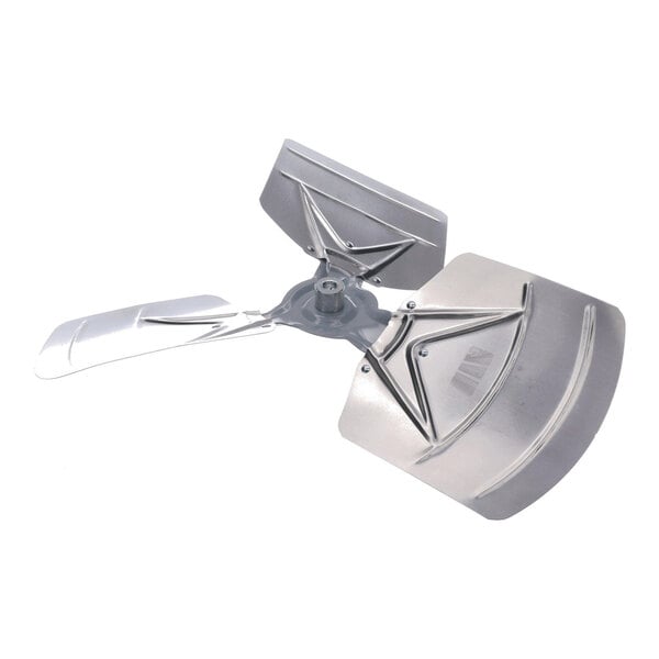 A three-blade metallic propeller fan with a central mounting hub, viewed against a white background.