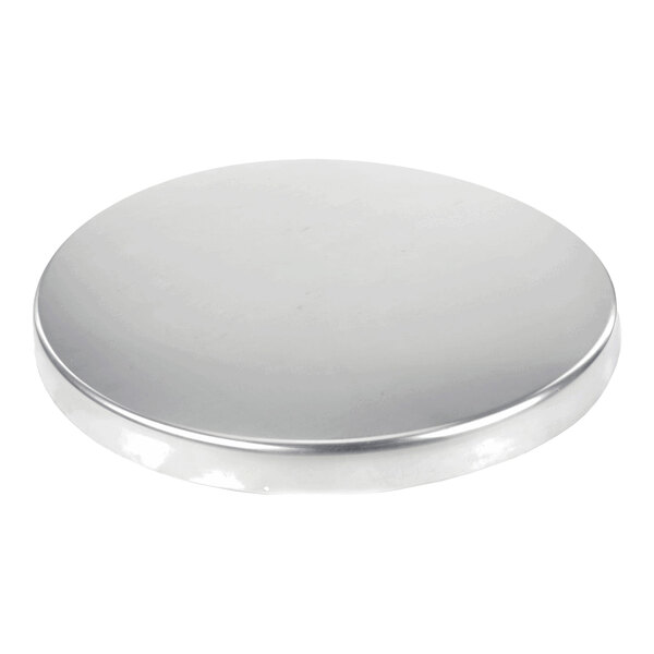 A round, flat, metallic disc with a smooth surface and slightly raised edge.